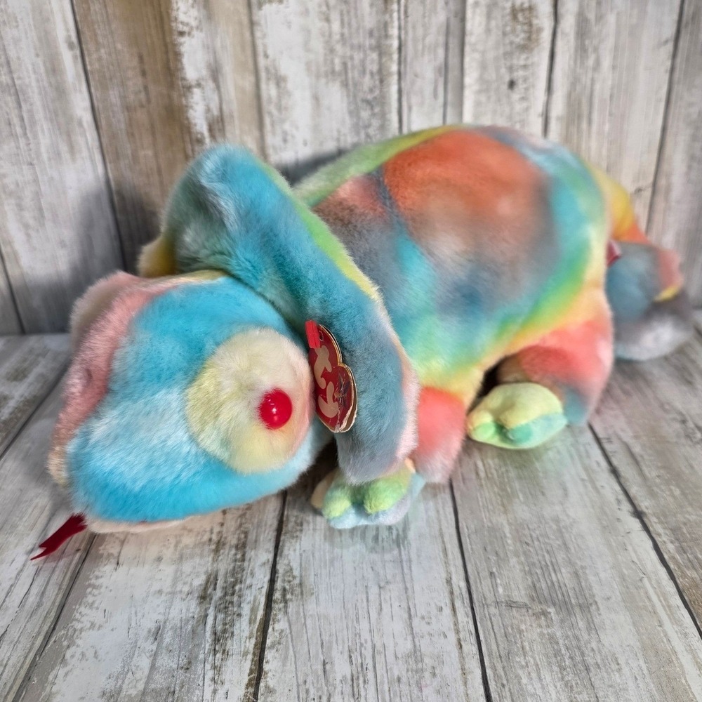 Vintage Ty Beanie Buddies Rainbow the Chameleon Tie Dye Plush 1999 Red Eye Large
